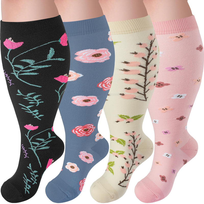 4 Pairs Plus Size Compression Socks,Extra Wide Calf 20-30 mmHg Knee High Compression Socks for Men Women Circulation 3X-Large 06-white Flower
