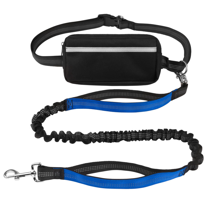 Hands Free Dog Leash with Waist Belt & Large Zipper Pouch, Waist Leash for Dog Walking, Running & Hiking, Reflective Stitching & Dual Padded Handles, Ideal for Medium to Large Dogs (25–125 lbs) Black Blue