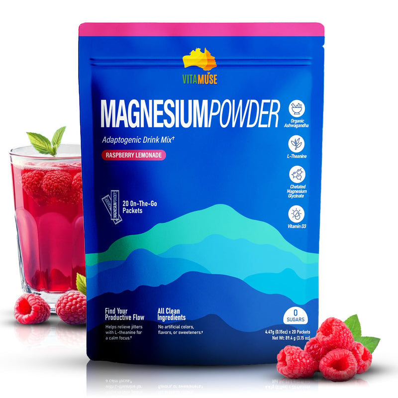 VITAMUSE Adaptogenic Magnesium Drink Mix, Raspberry Lemonade Flavor, 20 Packets with Ashwagandha, L-Theanine, Vitamin D3