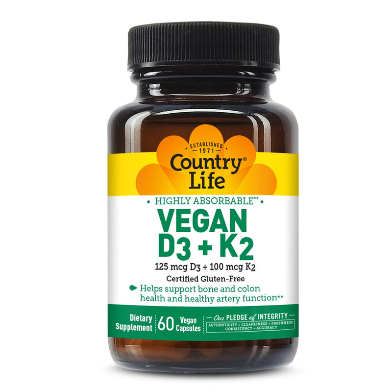 Country Life Vegan D3 + K2, MK-4 and MK-7, 60 Capsules | Provides 5,000 IU vitamin D3 and 100 mcg vitamin K2 from MK-4 and MK-7 60 Count (Pack of 1)