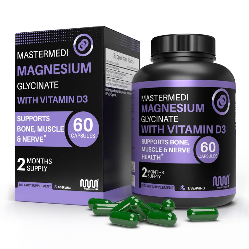 MasterMedi Magnesium Glycinate 100mg with Vitamin D3 – High Absorption Formula – Supports Sleep, Muscle Relaxation, Stress & Bone Health – 60 Capsules, 2-Month Supply