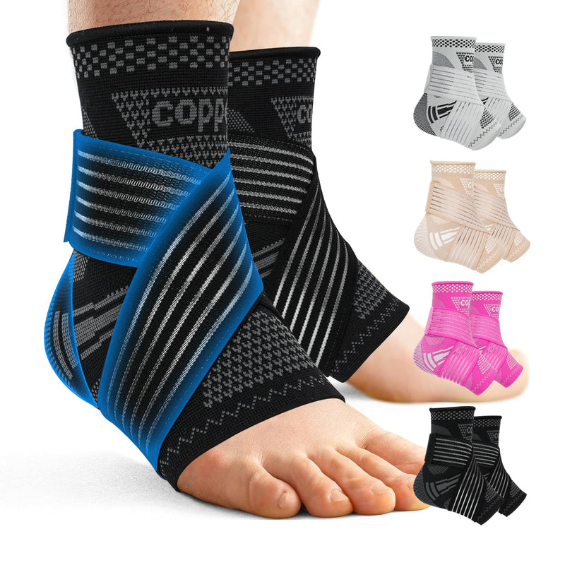 DRNAIETY Copper Ankle Brace for Men & Women - 1 Pair Adjustable Ankle Support Compression Sleeve for Plantar Fasciitis, Achilles Tendonitis, Foot Pain, Swelling, Sprains - Everyday Use (Black,L) Large Black