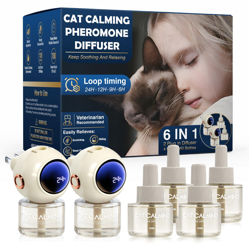6 in 1 with Timing Function Cat Calming Diffuser Multicat Calming Pheromones Diffusers 60 Days Calm Relaxing Pheromone for Cats kit 48ml Relief Stress Anxiety Fighting Scratching 2 diffuser,4 refill