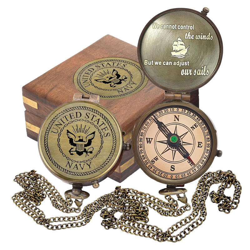 Compass - Gift for Army, Navy, Marine Corps, Baptism, Easter, Birthday, Fathers Day, Graduation, Wedding Navy With Wooden Box