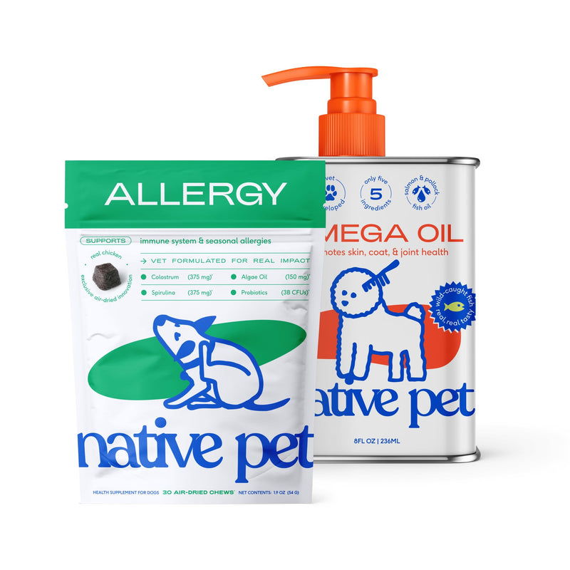 Native Pet Itchy Skin Bundle: Allergy Chews for Dogs (30 Air-Dried Chews) + Omega Oil for Dogs (8 Oz) - Allergy Relief + Itching Relief Probiotics for Itchy Skin & Fish Oil
