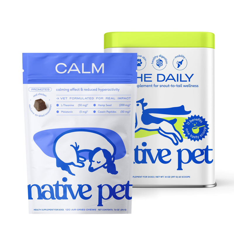 Native Pet Pup Power Bundle: Dog Calming Chews (120 Air-Dried Chews) & The Daily Dog Multivitamins (60 Scoops) - Natural Anxiety Relief with Melatonin & 11-in-1 Multivitamin