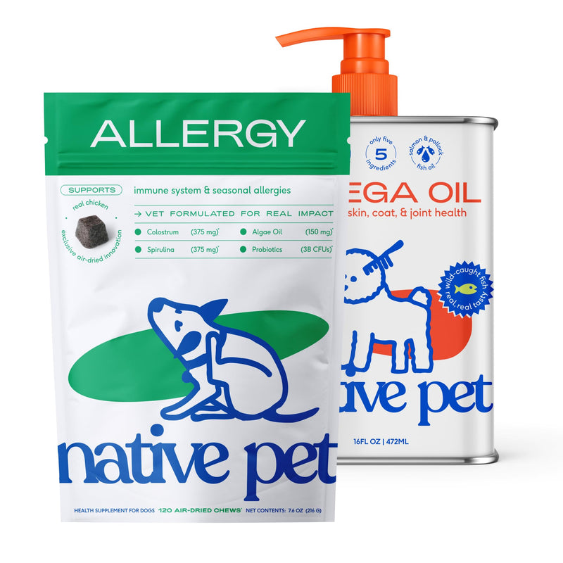Native Pet Itchy Skin Bundle: Allergy Chews for Dogs (120 Air-Dried Chews) + Omega Oil for Dogs (16 Oz.) - Allergy Relief + Itching Relief Probiotics for Itchy Skin & Fish Oil