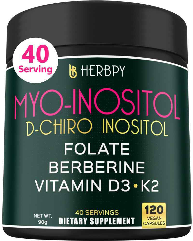Herbpy 6in1 Berberine Myo-Inositol & D-Chiro Inositol Supplement for Women | Hormonal Balance & Ovarian Health Support | Myo inositol 40:1 with Folate, Vitamin D3, K2 & Berberine HCl 97% | 120 Capsules