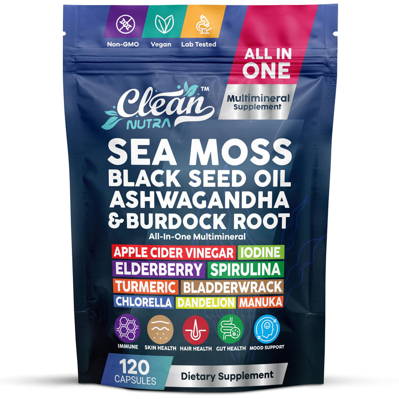 Clean Nutraceuticals Sea Moss Black Seed Oil Ashwagandha Turmeric Bladderwrack Burdock & Vitamin C Vitamin D3 with Elderberry Manuka Dandelion (120 Count (Pack of 1)) 120 Count (Pack of 1)