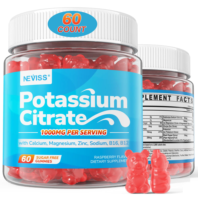 Potassium Citrate 1000mg Supplement Gummies, Support Electrolyte, 60 Count | Potassium Magnesium + Calcium, Zinc, Sodium, Vitamin B6, B12, Support Leg Cramps, Body Performance, Energy Boost, Sugar Free 60 Count (Pack of 1)