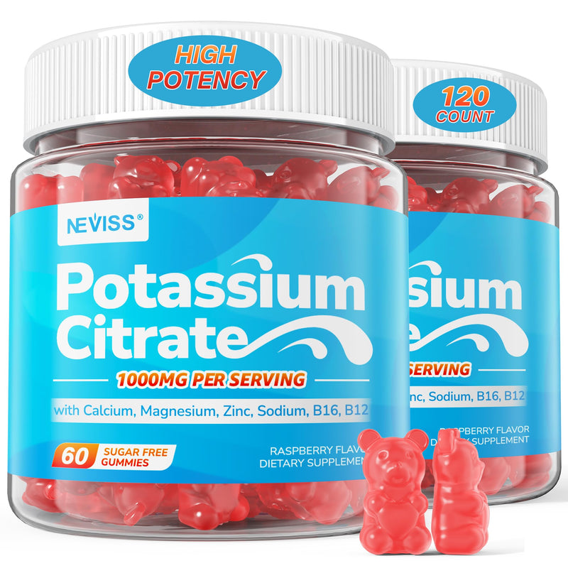 Potassium Citrate 1000mg Supplement Gummies, for Electrolyte & Leg Cramps | Potassium Magnesium + Calcium, Zinc, Sodium, Vitamin B6, B12, Support Body Performance, Energy Boost, Sugar Free, 120 Count 60 Count (Pack of 2)