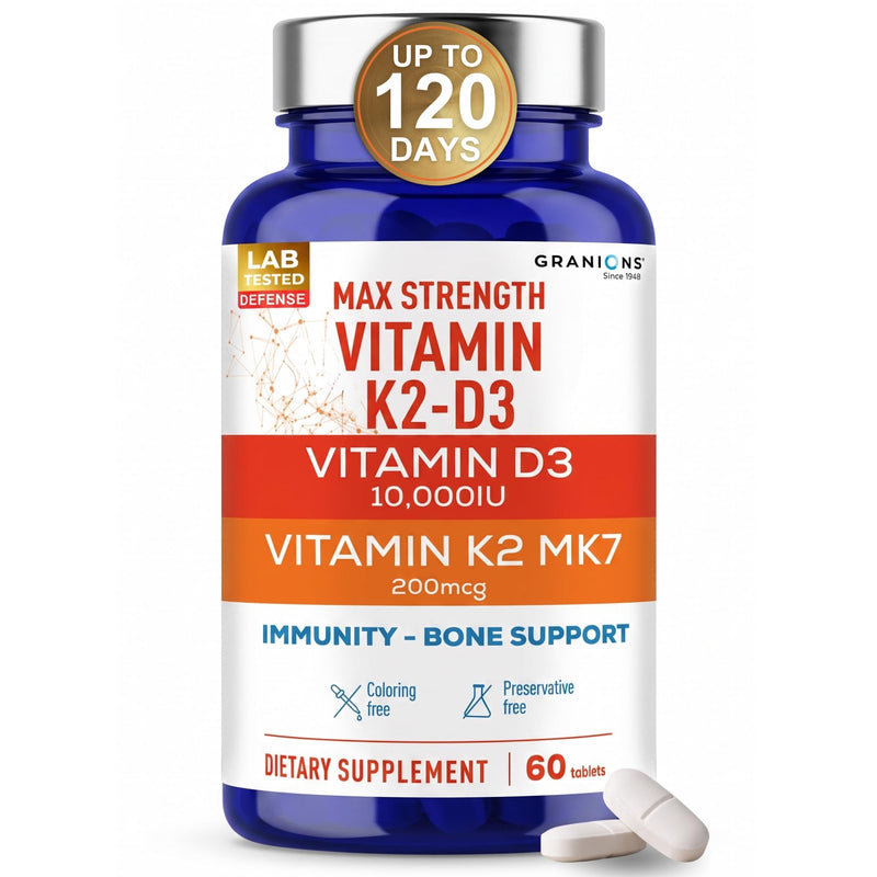 Granions Max Strength Vitamin D3 K2 Supplement - 250mcg (10,000 IU) D3 + 200mcg Vitamin K2 (MK-7) - Vitamins for Bone Health, Immune Support Supplements VIT K2D3-2 Month, 60 Tablets 60 Count (Pack of 1)