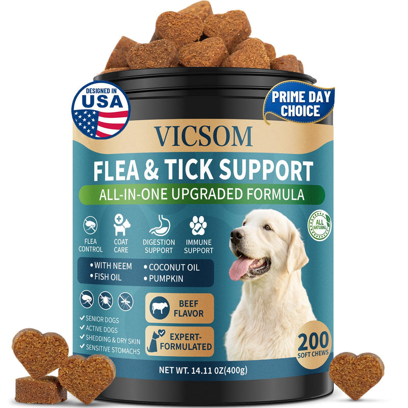 Flea and Tick Prevention for Dogs Chewable, 200 Soft Treats Natural Oral Dog Flea and Tick Treatment Chews Support Dog Skin & Digestive Supplement for Dogs Puppies All Breeds & Ages, Beef Flavor