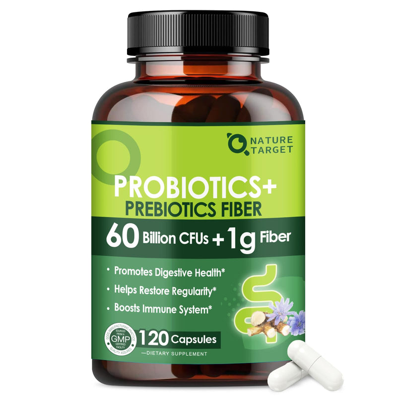 NATURE TARGET Prebiotic Fiber Supplement with Probiotic, 120 Vegan Capsules | Fiber Pills with 60 Billion Probiotics for Women & Men Digestive Health, Regularity, Supports Occasional Constipation 120 Count (Pack of 1)