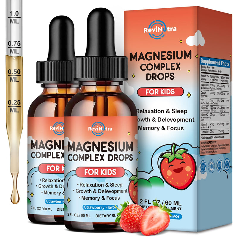Magnesium for Kids, Kids Magnesium Glycinate Liquid Drops with Calcium, Zinc, L-Theanine, Vitamin D3 K2, C for Sleep, Relaxation, Calm, Focus, Brain,Mood, Bones & Muscles - Strawberry Flavor 2 Pack 2 Fl Oz (Pack of 2)