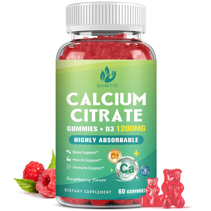 1200mg Calcium Citrate with Vitamin D3 Gummies for Bones, Muscles, Immune Support, Chewable Calcium Citrate with Vitamin D3 K2 C, Magnesium, Zinc, Raspberry