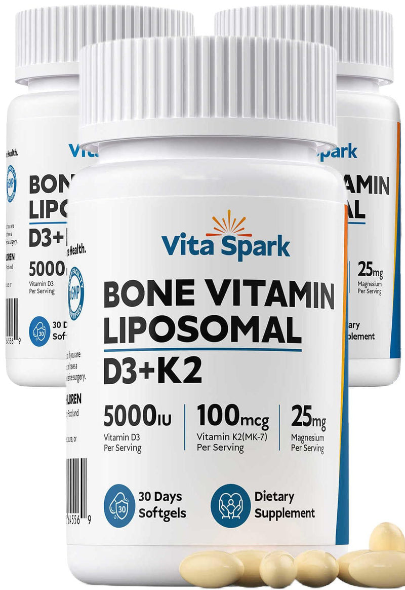 Vitamin D3 K2 - Liposomal Bone Vitamins Supplement, 5000IU D3, 100mcg K2 MK7 & Magnesium for Women and Men | Supports Bone, Teeth, Heart, Immune and Vascular Health*, 90 Days Mini Softgels 30 Count (Pack of 3)