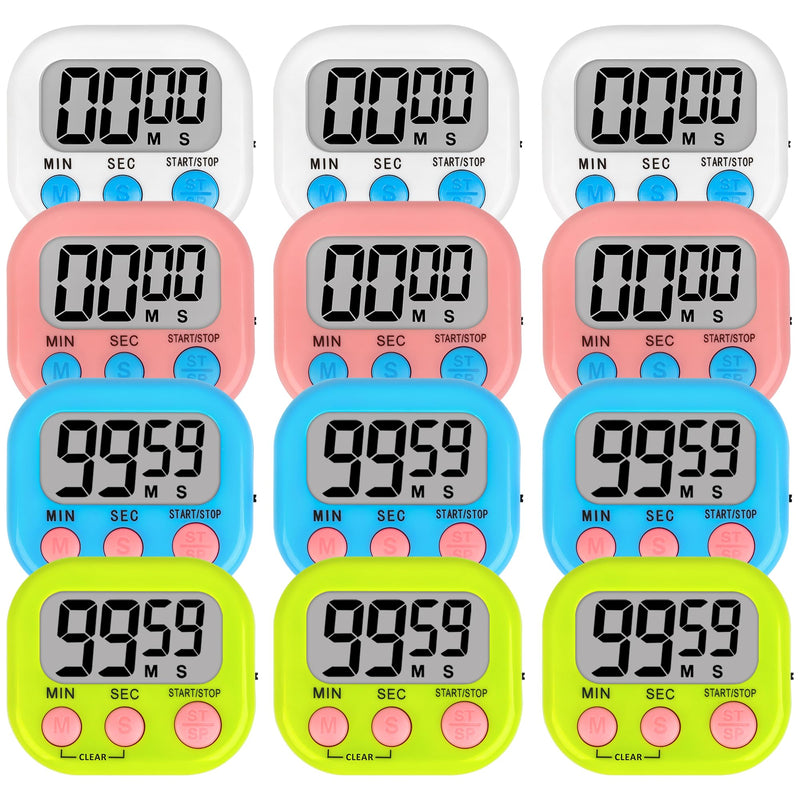 Lasubst Digital Classroom Timers for Teachers Kids School Supplies Bulk with Magnetic Back 12 Pack, White Pink Blue Green