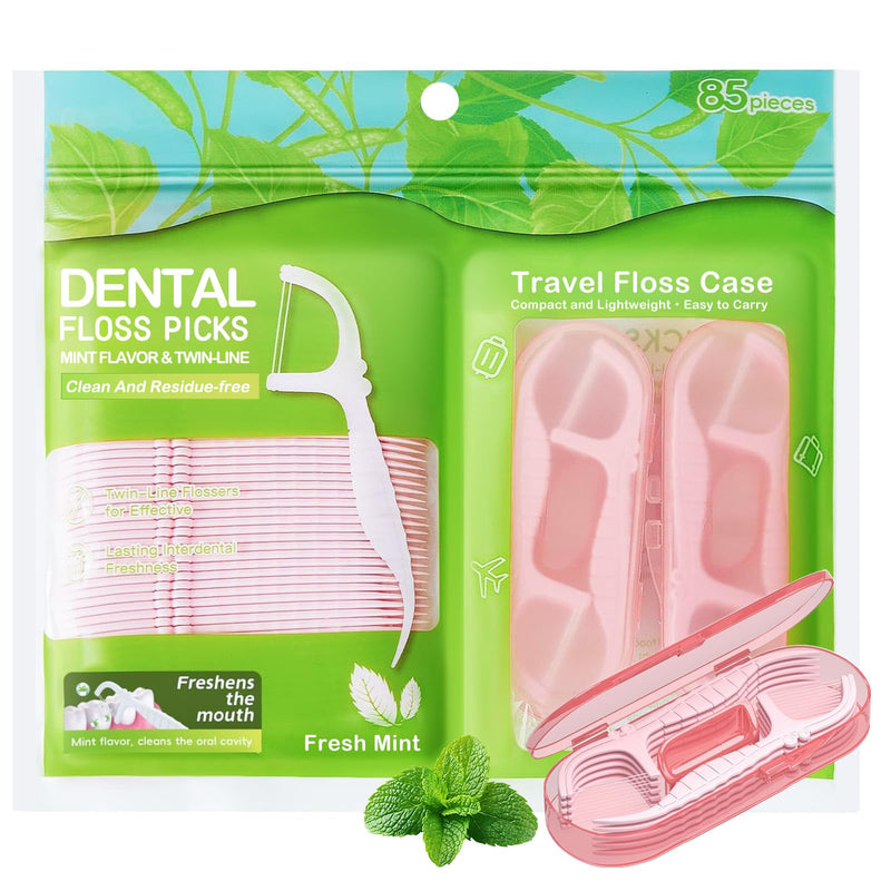 Double Line Dental Floss Picks, 85 Count Mint Flavor Flossers for Deep Cleaning, Upgraded Floss Picks with 2 Portable Travel Cases, Convenient for Cleaning Teeth On The Go, Flossing Sticks for Family Pink