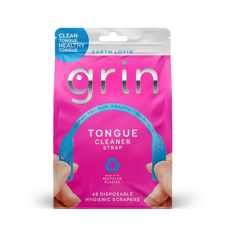 GRIN Tongue Cleaner Strap, 48 Count, Disposable Tongue Cleaner, Hygienic Dual Edge Scraper, Recycled Plastic, Clean Tongue, Healthy Tongue, Promote Fresh Breath, Includes Safe Fold- Back Tooth Pick 48 Count (Pack of 1) - BeesActive Australia