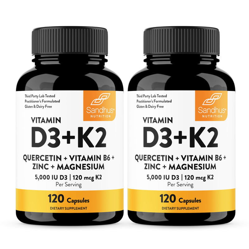Vitamin D3 K2 5000 IU 120mcg Magnesium Zinc B6 Quercetin Capsules 240 Count | 6-in-1 D3+K2 Supplements Supports Bone, Immune, Energy And Muscle Health, Gluten-Free, 8-Month Supply, USA Made by Sandhu's 120 Count (Pack of 2) 5000 IU Capsules