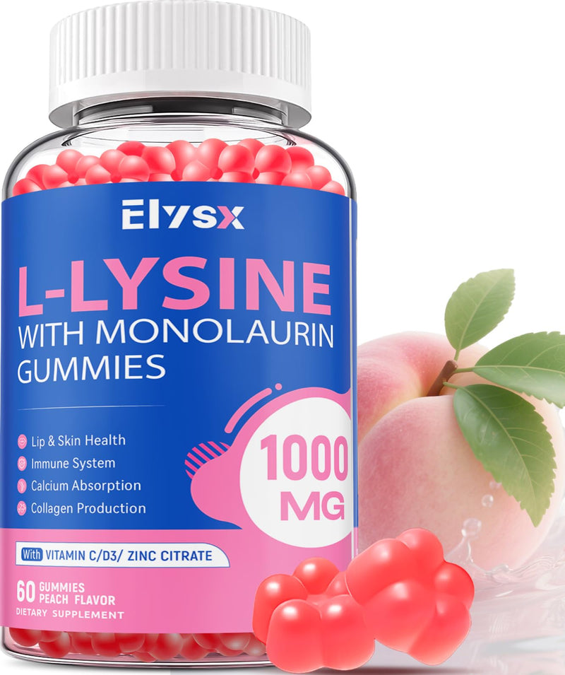 L-Lysine Gummies 1000mg, Sugar-Free Chewable Lysine with Monolaurin Supplement for Adults & Kids, Lips & Oral Health, Immune & Overall Health, Natural Peach Flavor, 60 Count 1 Count (Pack of 60)