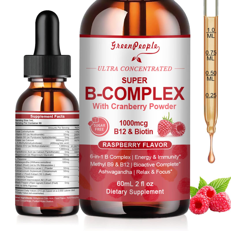 GREENPEOPLE Methylated Vitamin B Complex Liquid, Vegan, 2 Pack Raspberry | Methyl B12 & L-Methyl Folate with 6 Active B Vitamins, Magnesium, Ashwagandha for Energy Metabolism, Immune & Cognitive 2 Fl Oz (Pack of 2)