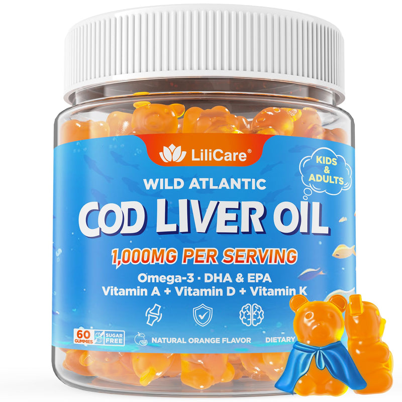 Cod Liver Oil Gummies with Omega-3, Vitamins A, D3 & K2 for Adults & Teens | Cod Liver Oil Omega 3 Fish Oil Gummies for Immune, Brain & Cognitive Support, Sugar Free, Orange Flavor, 120Cts 60 Count (Pack of 1)