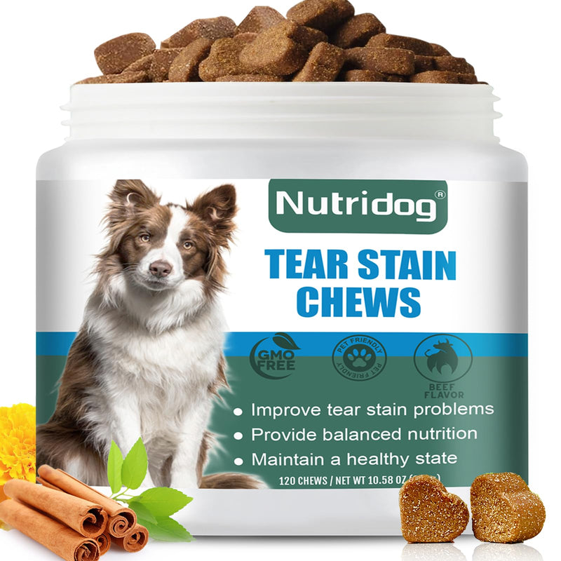 Tear Stain Chews for Dogs - Dog Tear Stain Remover & Supplement with Antioxidant Blend, Vitamin C, Lutein - 120ct Beef Flavor Soft Chews for Eye Health & White Fur Care (ND-038) ND-038