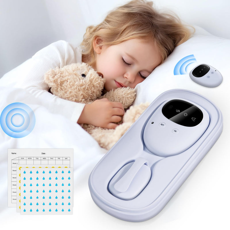 Bed Wetting Alarm for Boys and Girls - Wireless Pee Alarm with Magnetic Sensor, Sound Mode, and Strong Vibration for Kids, Adults, Elderly White