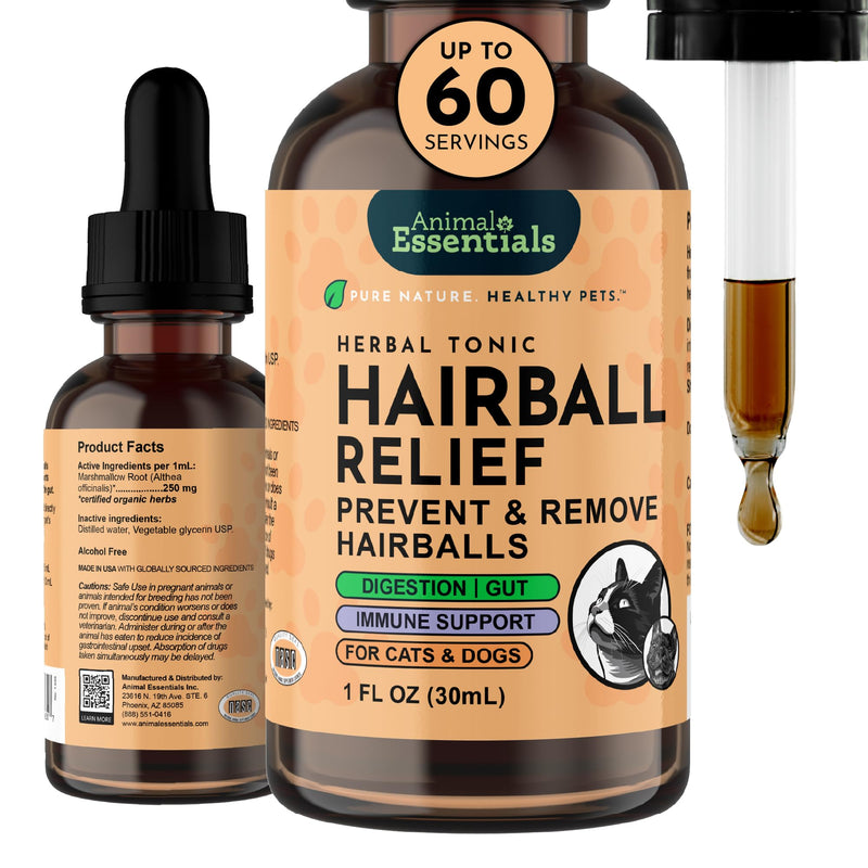 Animal Essentials Hairball Relief Formula - Hairball Treatment for Cats & Dogs, Natural Remedy with Marshmallow Root Extract, Hair Ball Relief for Cats & Kittens, Feline Support for Furball - 1 Fl Oz