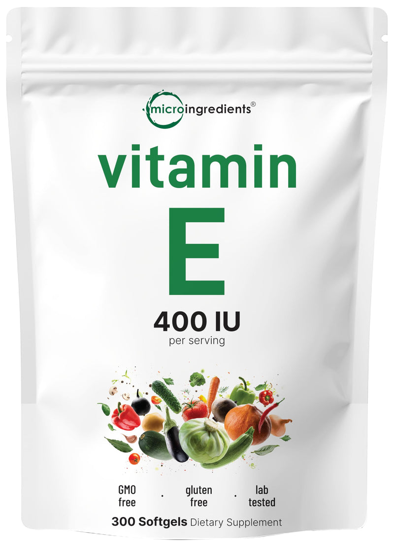 Micro Ingredients Vitamin E 400IU, 300 Softgels | Pure Vitamin E Oil Pills | Antioxidant Supplements for Skin, Face, Heart, & Immune Health | Non-GMO, Gluten Free