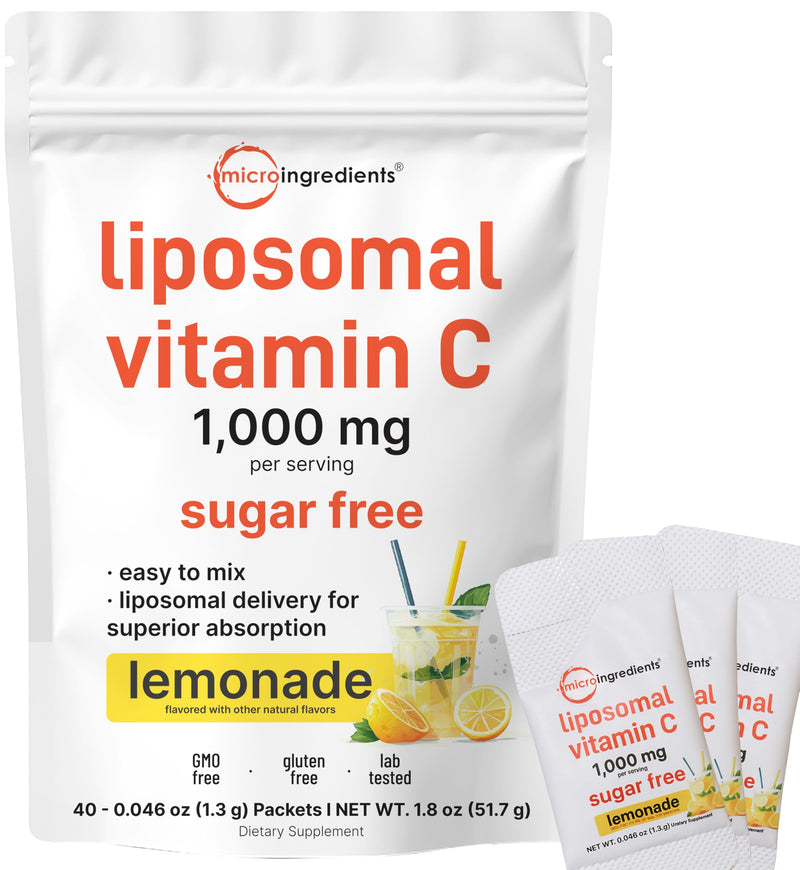 Micro Ingredients 1,000mg Vitamin C Powder Packets for Daily Immune Support*| Sugar Free Drink Mix | Liposomal Fat-Soluble Form for Better Absorption | 40 Travel Packets, Lemonade Flavor