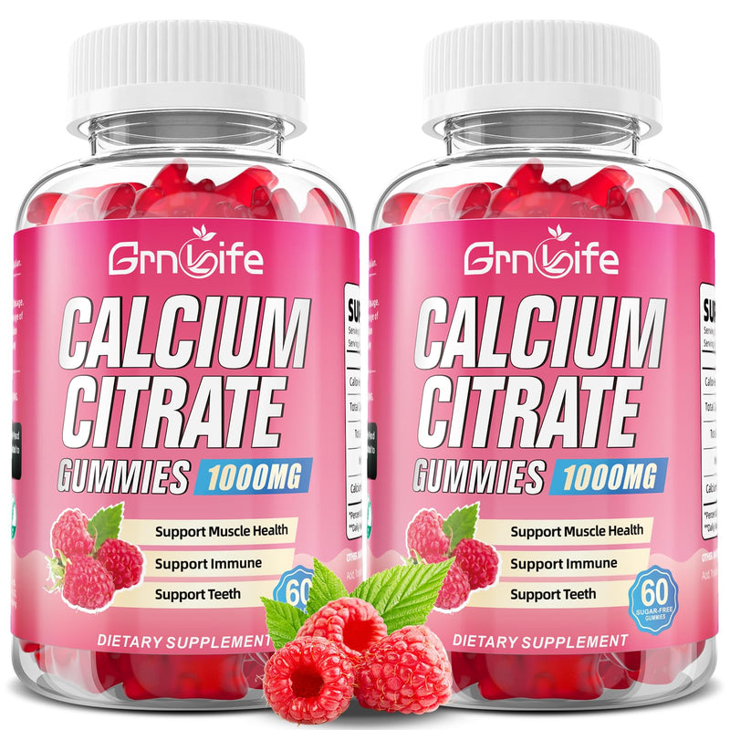 2 Pack Calcium Citrate Gummies, Sugar Free Calcium Citrate 1000mg for Muscle Healthy, Absorption Calcium Supplements for Adults & Kids, Raspberry, 120 Count 120 Count (Pack of 1)