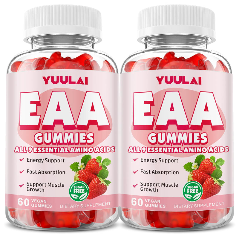 Pack of 2 EAA Gummies Essential Amino Acids - All 9 Essential Aminos (EAA) and All Branched-Chain Aminos (BCAAs) for Muscle Recovery, Energy Support, Strawberry Flavor, 120 Count 120 Count (Pack of 1)