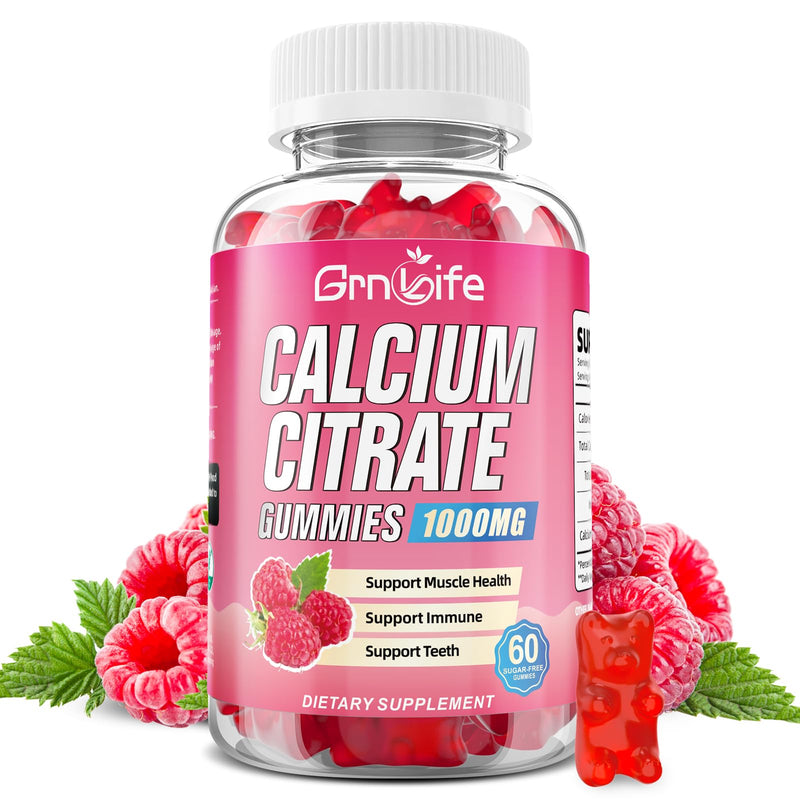 Calcium Citrate Gummies, Sugar Free Calcium Citrate 1000mg for Muscle Healthy, Absorption Calcium Supplements for Adults & Kids, Raspberry, 60 Count 60 Count (Pack of 1)