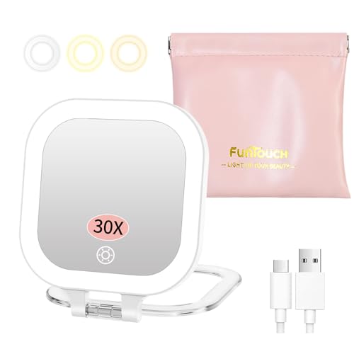 FUNTOUCH Travel Makeup Mirror, Portable Rechargeable Mirror with Lights White-c
