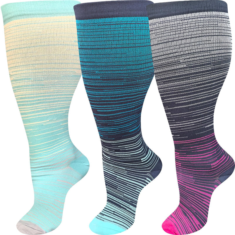 ZFiSt Plus Size Compression Socks Wide Calf for Women Men,Sport Compression Stocking Nurse Socks 3X-Large 3PairMHLLStripe