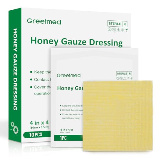 Greetmed Honey Gauze Wound Dressing 4" x 4" Medical Grade Manuka Honey Wound Care Pads Honey Bandages for 1st & 2nd-Degree Burns, Abrasions, Cuts and Scalds (Individually Pack of 10) 4“ x 4”(10 Packs)