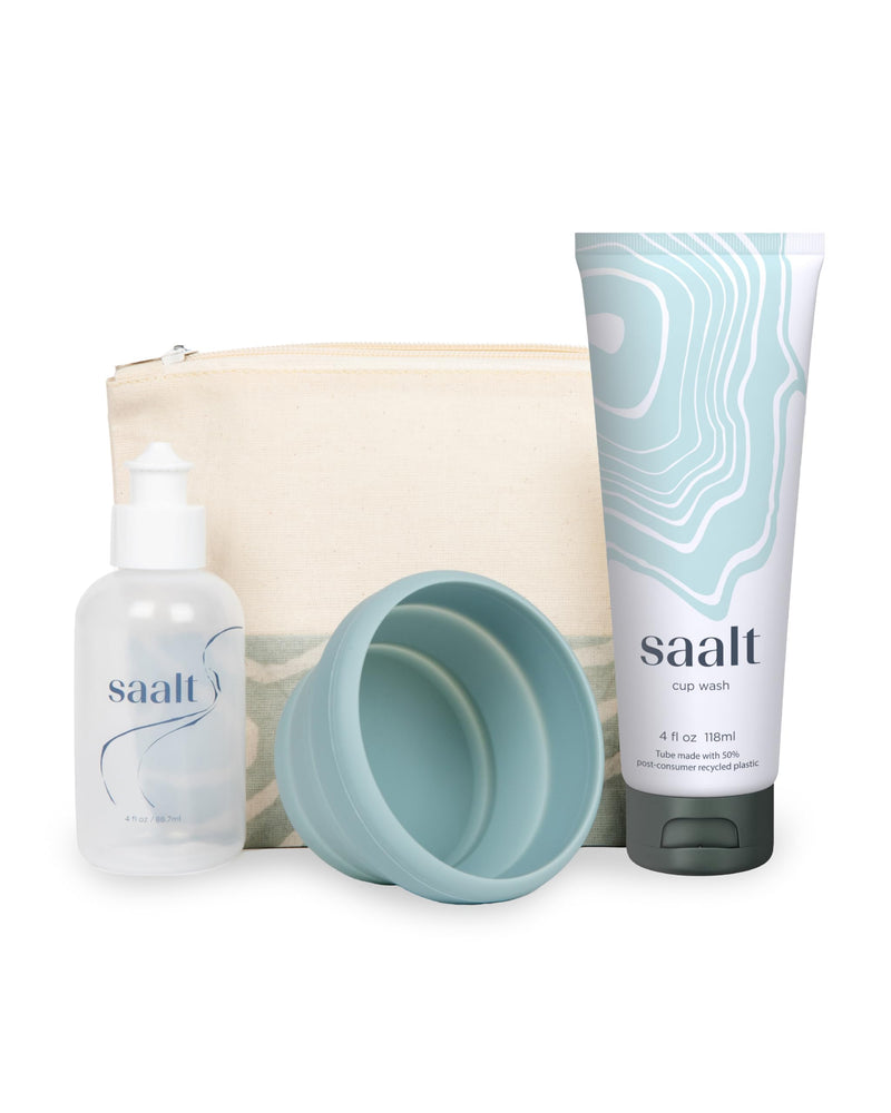 Saalt Travel Menstrual Kit - Easy Cleaning for Public Restroom, School, or Travel for Menstrual Cup or Menstrual Disc - Reusable Travel Bag, 4oz Wash, Squeeze Bottle, Compact Sanitizer - BeesActive Australia