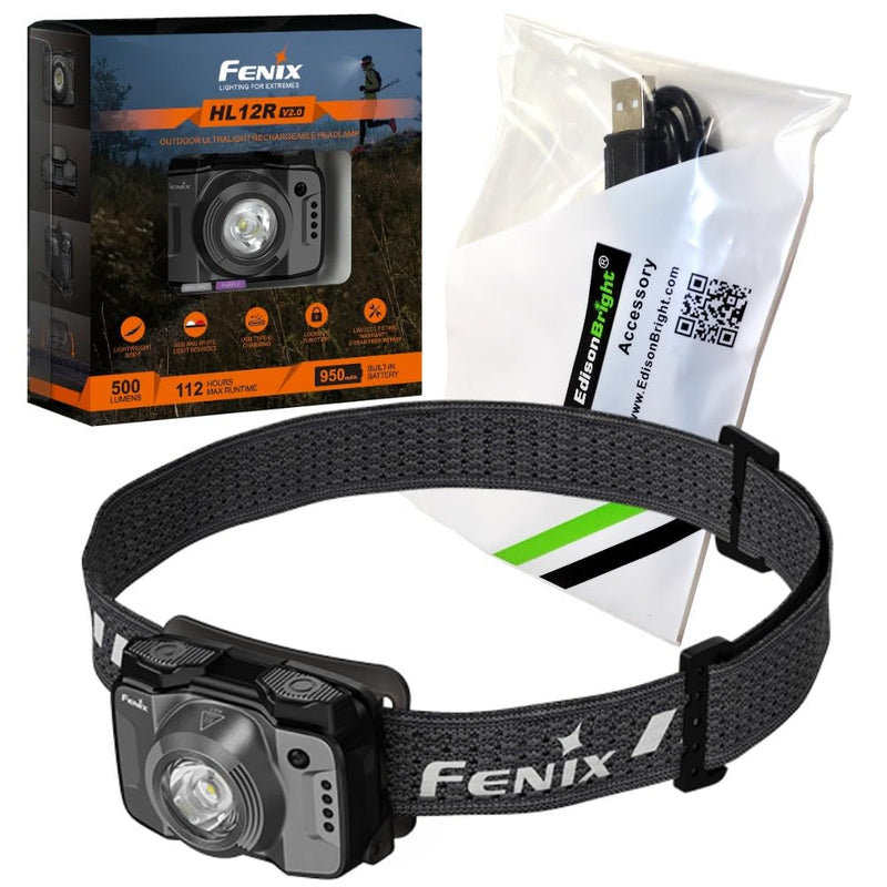 Fenix HL12R V2 USB Rechargeable 500 Lumen LED headlamp with EdisonBright USB Charging Cable (Grey) - BeesActive Australia