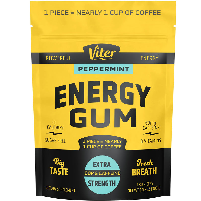 Viter Energy 60mg Caffeine Gum (Peppermint Flavor, 180 Pieces) - Sugar Free, Vitamin B3, B6, B9, B12, Zero Calories, Caffeinated Energy Chews, Nootropic Focus Supplement for Men & Women Peppermint 180 Count (Pack of 1)