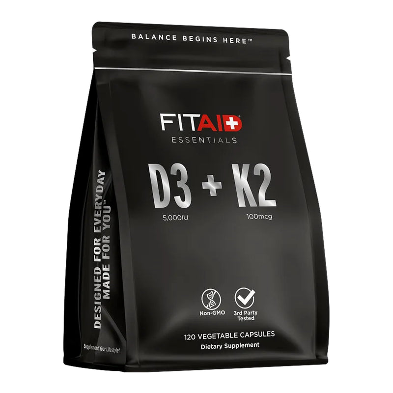 LIFEAID FITAID Essentials Vitamin D3 K2 5000 IU Support, 120 Capsules | High-absorption Vit D3 (125mcg) + K2 MK7 (100mcg) for athletes. Supports bone health & immune function. 4-month supply. 5000 IU Vitamin D3 + 100mcg K2