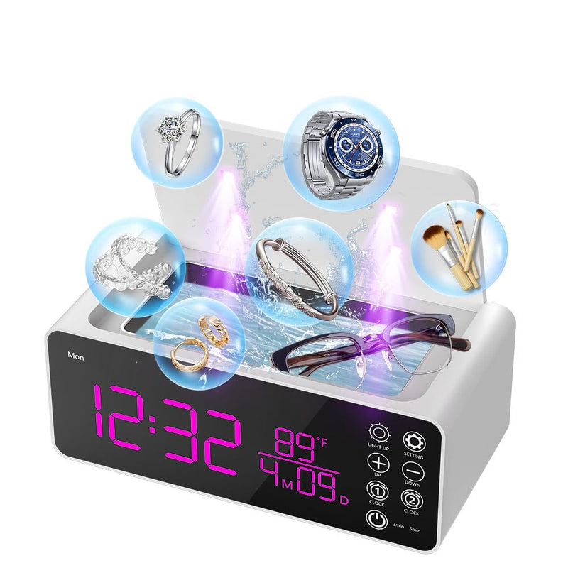 500ML Capacity 48kHz, Updated Version Ultrasonic Retainer Cleaner, Multi-Functional Cleaner Machine For Dentures, Mouth Guards, Braces, Toothbrush, Jewelry, Glasses with Alam Clock Function, (white)