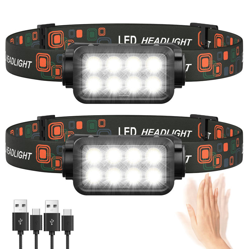 Rechargeable Headlamp Flashlight, 8 LED 2500LM Ultra-Light Bright Headlight with Motion Sensor, Waterproof Lightweight Head Lamp for Adult Kid, 2-Pack Headlamps for Outdoor Camping Running Fishing Orange - BeesActive Australia