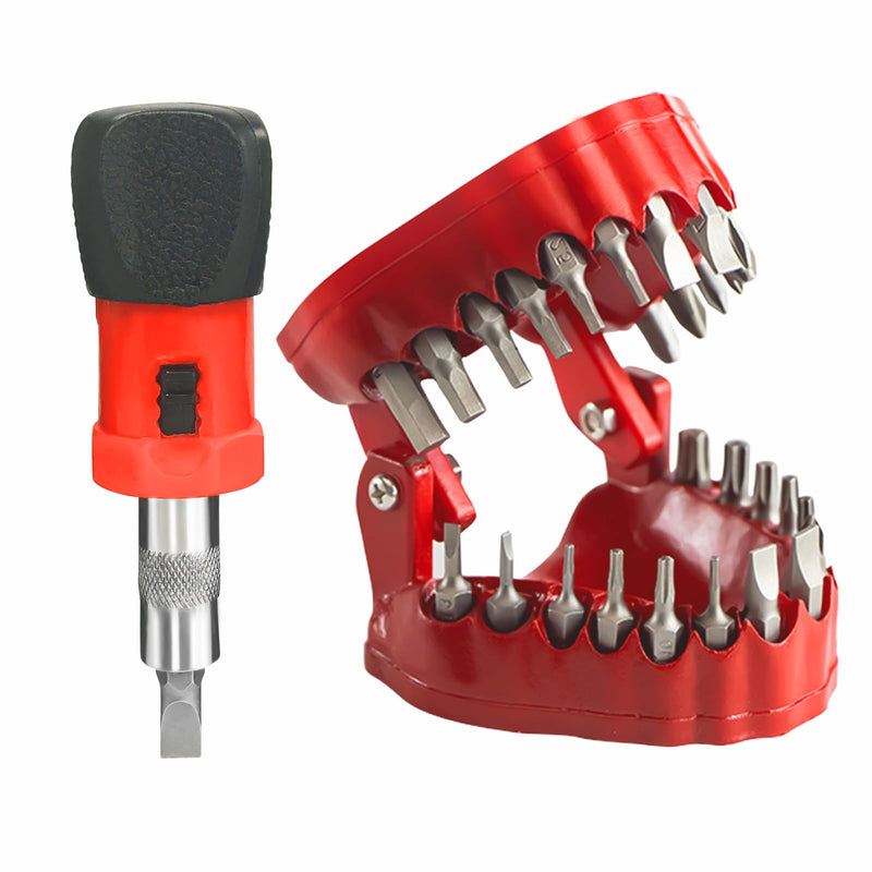Denture Drill Bit Holder, Dentist Gift, 3D Sculpture Desk Decor, 28PCS 1/4” Hex Bit, 3-in-1 Screwdriver, Desk Gadget, Red