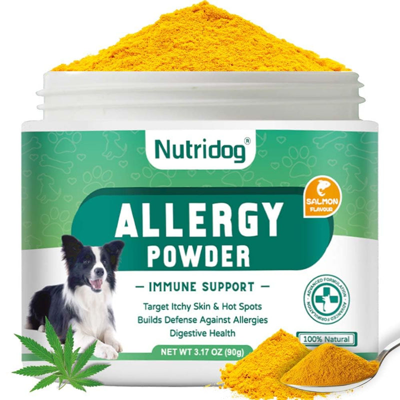 Allergy Powder for Dogs, 90g Salmon Flavor - Itch Relief & Immune Support with Probiotics, Quercetin & Salmon Oil | Vet-Approved Formula for Seasonal Allergies & Sensitive Skin (Salmon)