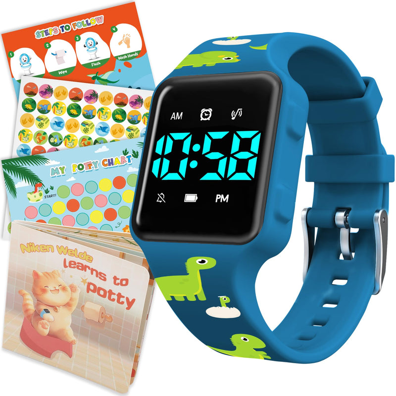 Toddler Potty Training Set ‚Äì Potty Training Watch with Musical/Vibration Alerts, Fun Board Book, Progress Chart & Reward Stickers ‚Äì Interactive Toilet Learning Kit for Boys and Girls Ages 2-6 PurplishBlue-KL2-4Pcs - BeesActive Australia