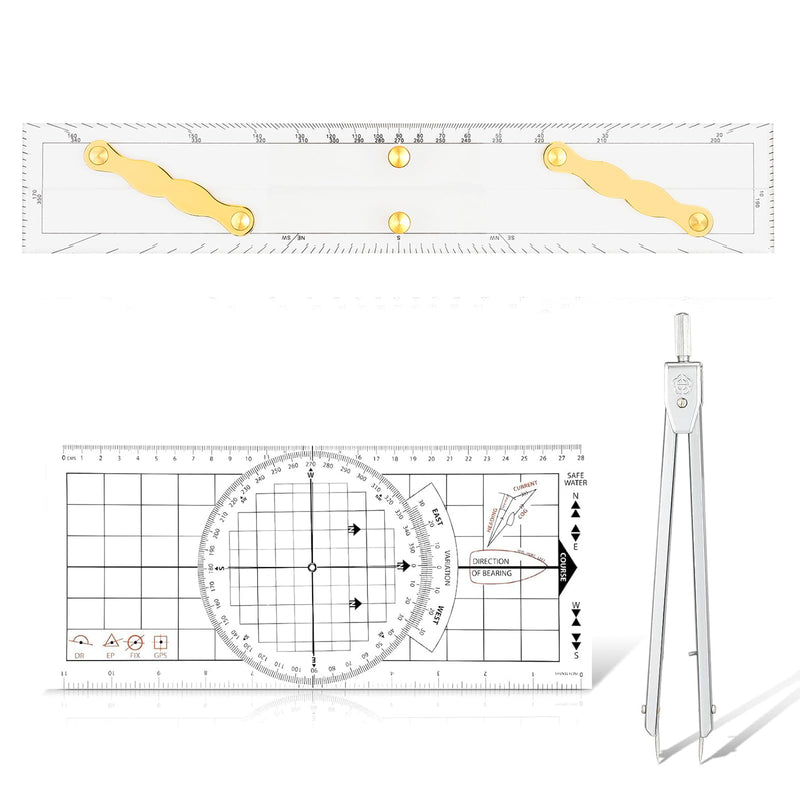 3 Pcs Basic Navigation Set,Including 15inch Parallel Ruler with Brass Arms, Nautical Protractor, and 6 Inch Marine Fixed Points Divider, Marine Accessories with Clear Scales for Boat