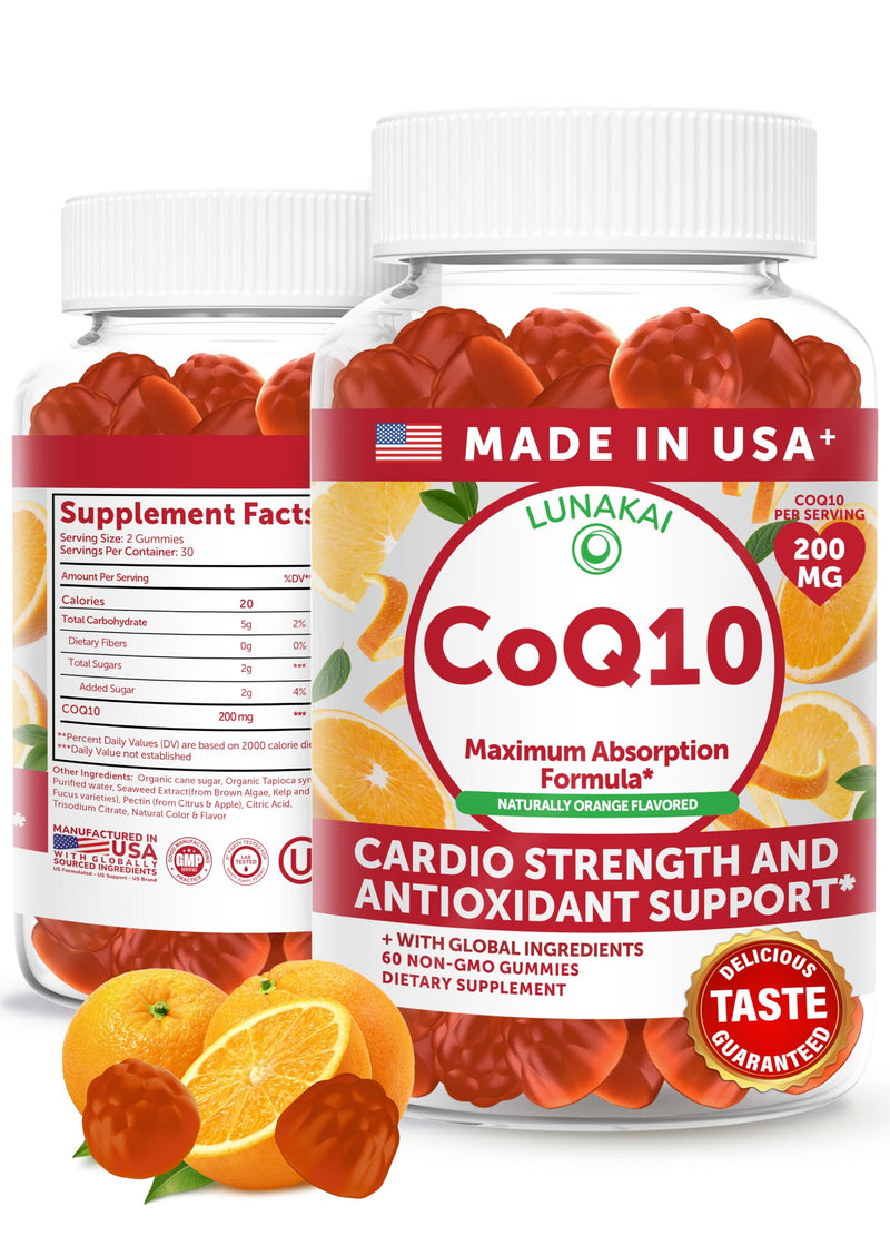 Lunakai USA Made CoQ10 Gummies for Adults – 200mg High Potency Coenzyme Q10 Supplement for Daily Heart, Energy & Antioxidant Support for Women & Men, Non-GMO, 60ct
